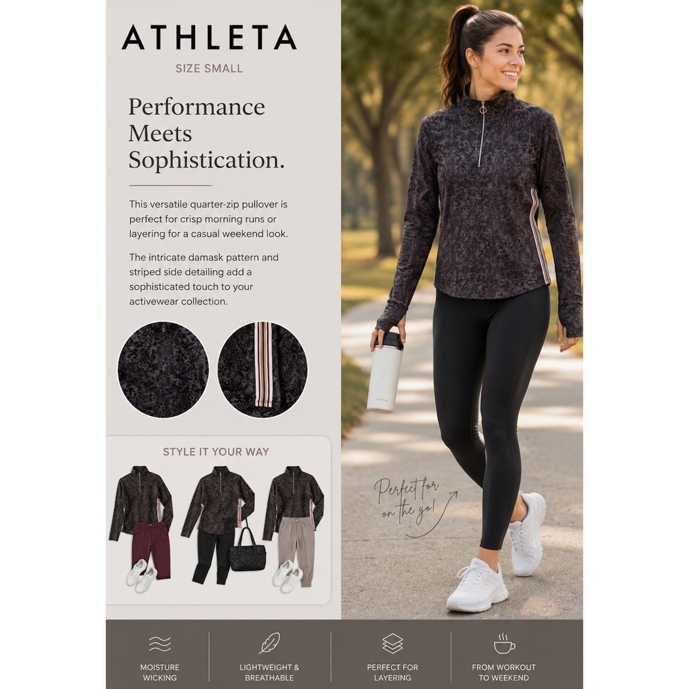 Athleta Womens Small Quarter Zip Pullover Damask Print Gray Black Active
